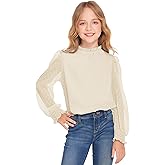 Arshiner Girls Long Sleeve Shirts Chiffon Blouses Swiss Dot Frill Neck Casual Loose Cute Top Tee