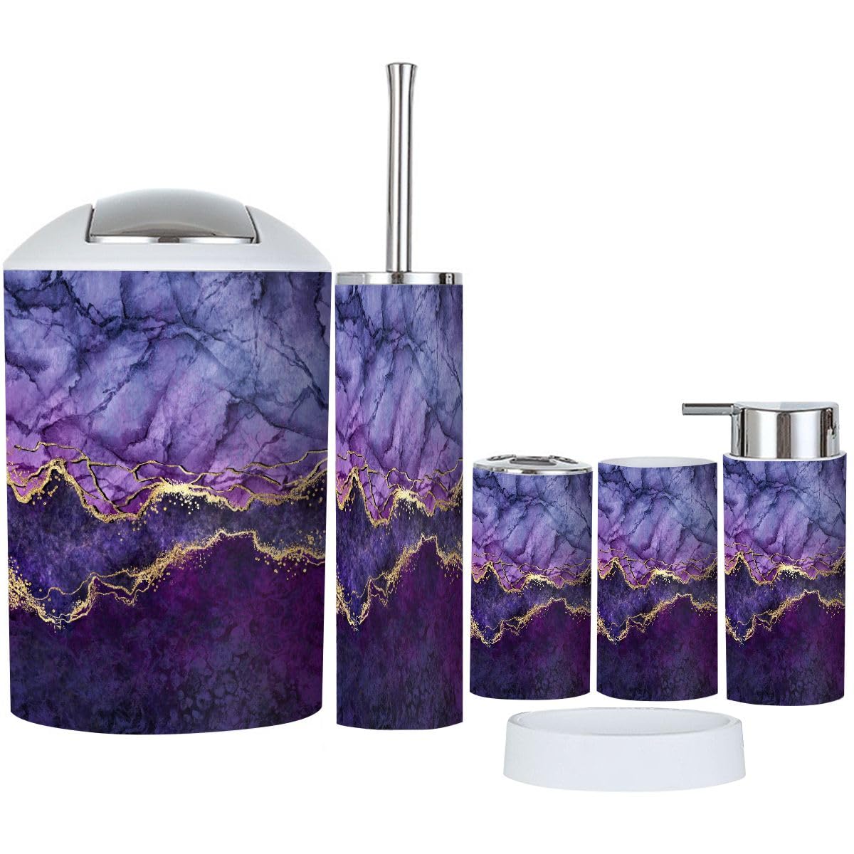 Photo 1 of Bathroom Accessory Set 6 Piece Boho Abstract marbling Purple Marble Golden Veins Fake Painted Trash Can, Toothbrush Holder, Soap Dispenser, Soap Dish, Toothbrush Cup, Toilet Brush Holder