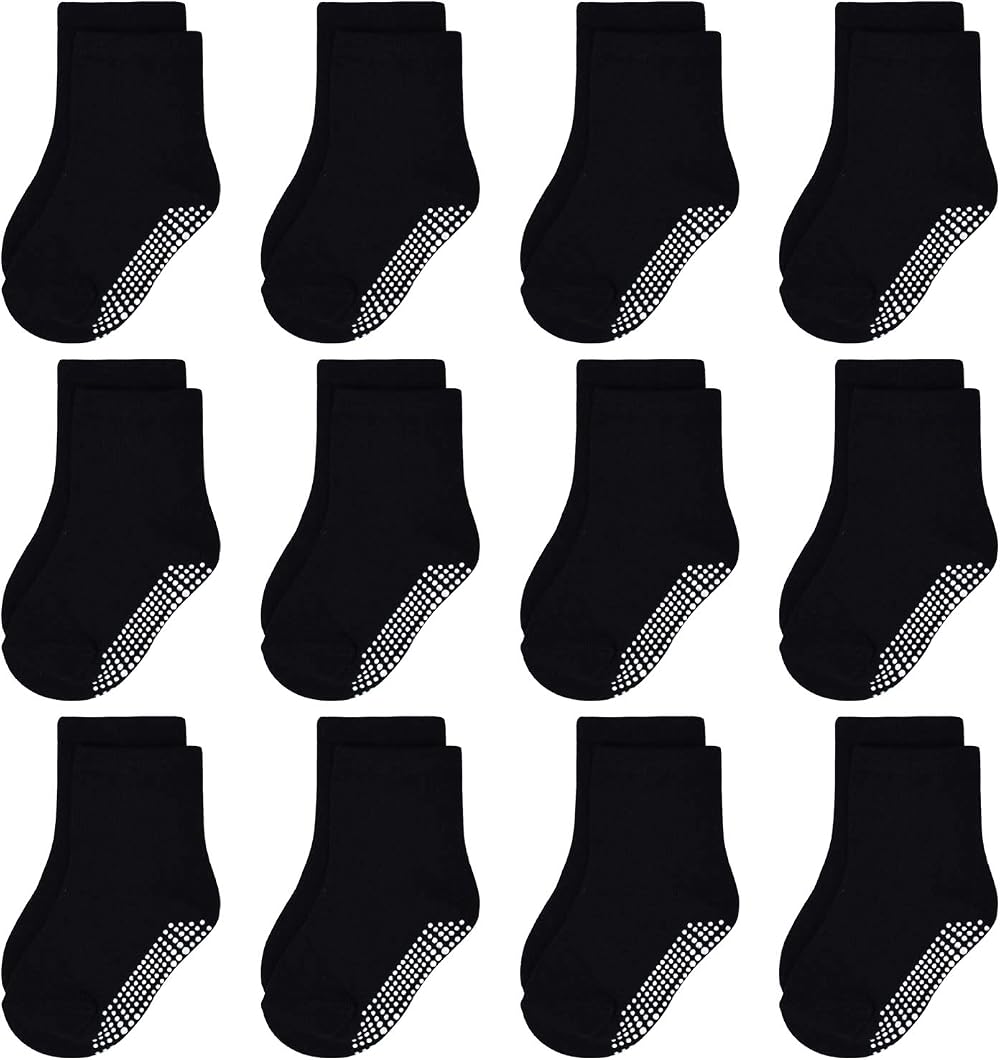 N/Q Toddler Non Slip Socks 12 Pairs Anti Skid Grip Crew 1-10 Years Black