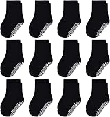 N/Q Toddler Non Slip Socks 12 Pairs Anti Skid Grip Crew 1-10 Years Black