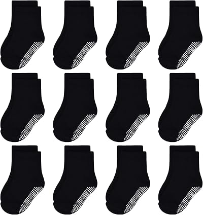 N/Q Non Slip Toddler Socks 12 Pairs Anti-Skid Crew 1-10 Years Black