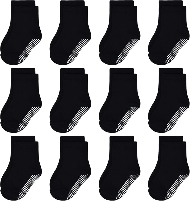 N/Q Toddler Non Slip Socks 12 Pairs Anti Skid Grip Crew 1-10 Years Black