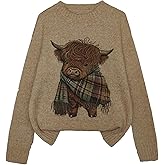 GORGLITTER Women's Cute Highland Cow Sweater Crew Neck Long Sleeve Knit Pullover Fall Fashion Clothes