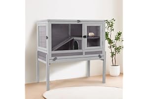 MEDEHOO Guinea Pig Cage with Wooden Stand - Hamster Cage, Small Animal Cage Anti Chew Ramp, Hideout, Platform, Pull Out Tray (Grey, L)