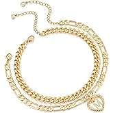 ABDOT Dainty Gold Ankle Bracelets for Women 14K Gold Plated Heart Initial Anklets for Women Stackable Cuban Figaro Chains Women's Anklets Anklets for Women Waterproof