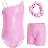 Gogokids Gymnastics Leotards for Girls Sloping Shoulders Kids Dance Unitards Biketards with Shorts for 3-12 Years