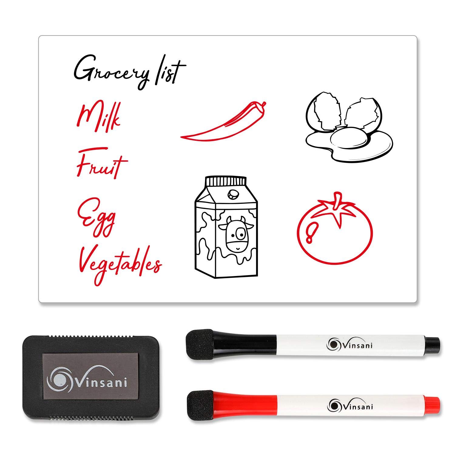 Vinsani Whiteboard A5 Size - Make Notes, Lists, Memos, Menus. for Home, School, Office and Kitchen Use with 2 Free Magnetic Dry Wipe Pens and Magnetic Eraser (14.8 x 21 cm)