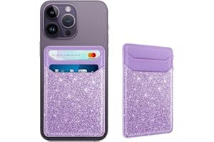 Yiyahu Self Adhesive Card Holders for Back of Phone, Leather RFID Phone Wallet Pockets Stick On, Credit Card Holders Sleeve for Phone Case, Glitter Purple