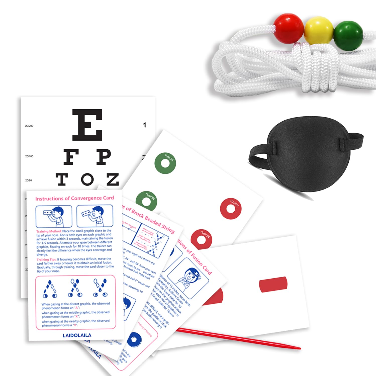 Photo 1 of 7.5?ft Vision Convergence Beads Training Kit?– Snellen Eye Chart, Eye Patch & 2 Strabismus Correction Cards for Convergence Insufficiency Therapy, Lazy Eye (Amblyopia) & Eye Coordination Exercises