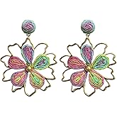 Just Follow Grass Straw Woven Hollow Out Flower Earrings Handmade Boho Chic Dangle Earrings for Women Lightweight Bohemian Floral Statement Jewelry