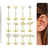 ORAZIO 14K Gold Plated Push in Stud Earrings, 316L Surgical Steel Flat Back Earrings Threadless Tragus Helix Cartilage Conch Nose Piercing Jewelry Hypoallergenic Ear Piercing for Women 20G 18G 16G