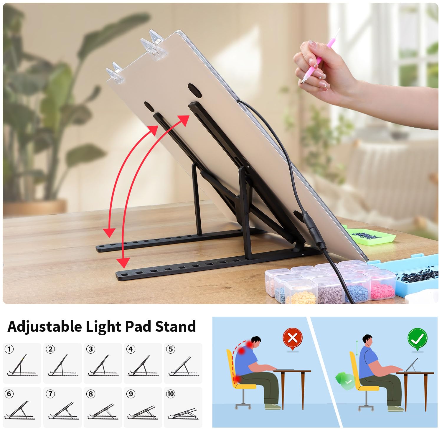 Zocelight A3 Light Pad for Diamond Painting Kit,4800Lux Super Bright 5mm Ultra Thin Diamond Art Light Board with Stand and Clip,3 Levels Dimming Light Box for Artists,Drawing,Sketching,Animation