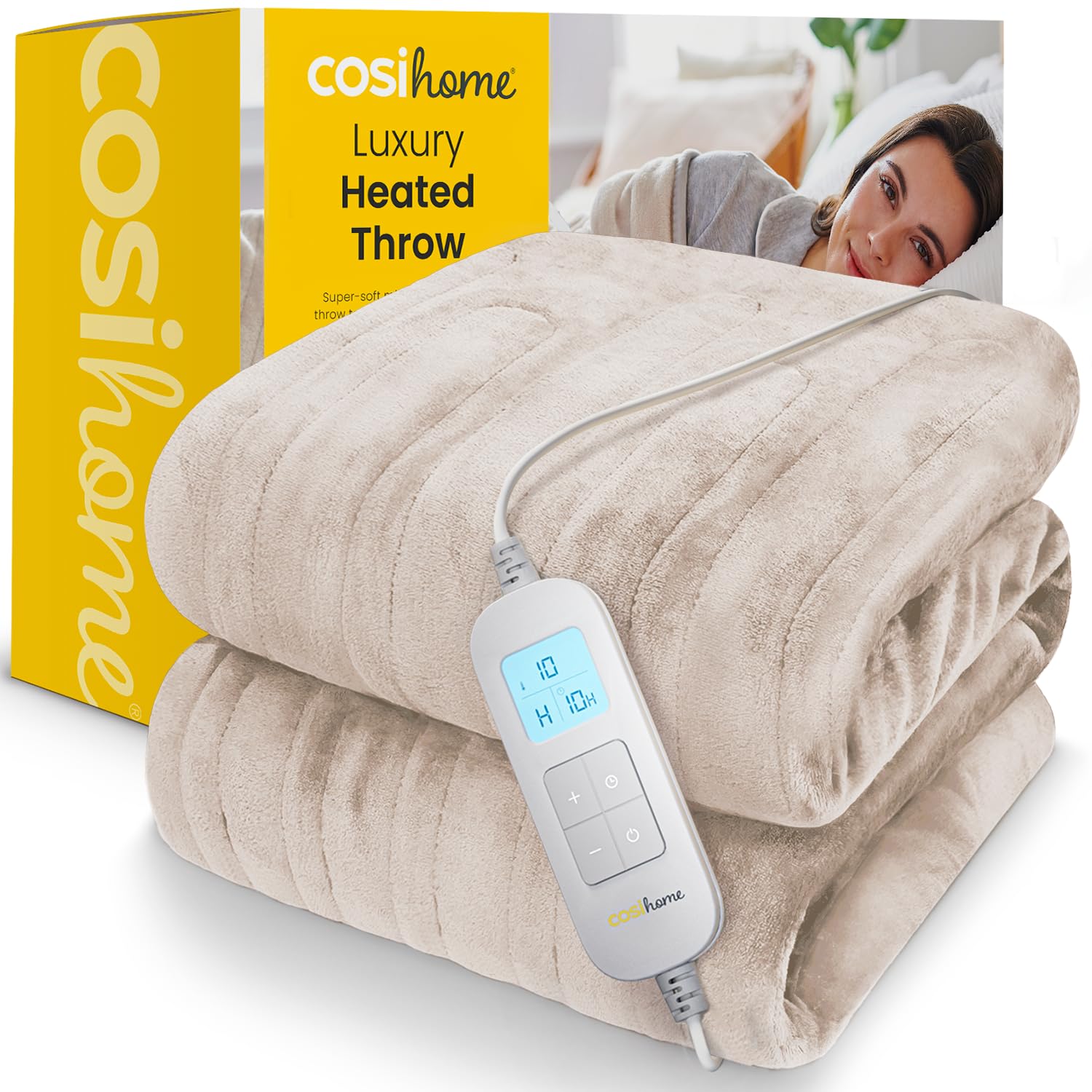 Cosi Home® Luxury Heated Throw - Electric Blanket - Extra Large Heated Blanket, Machine Washable Fleece with Digital Remote, 10hr Timer and 10 Heat Settings (Cream)