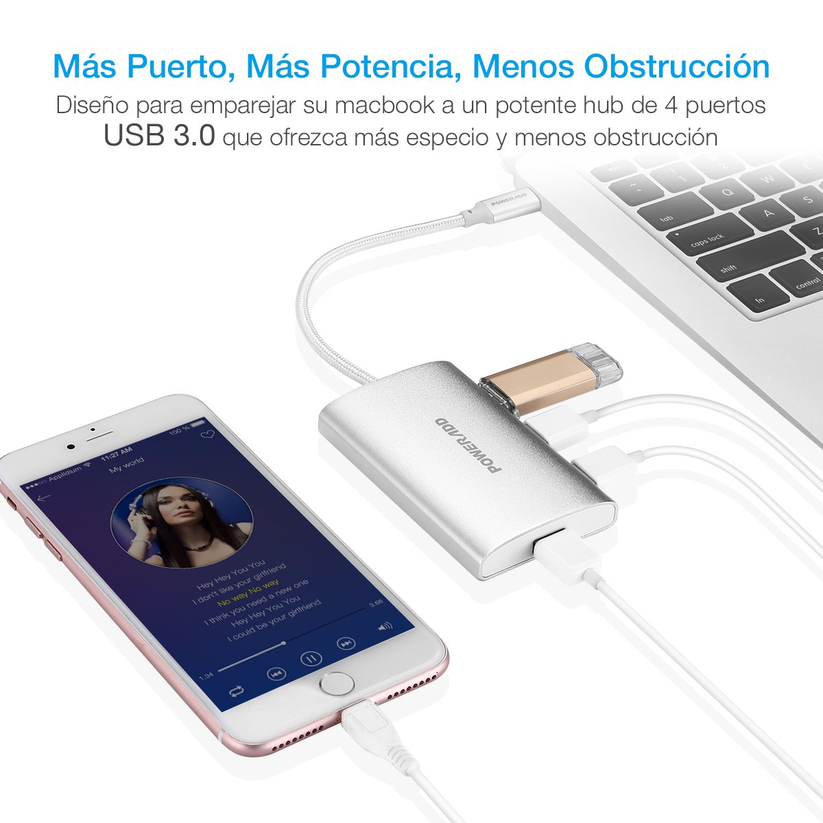 Poweradd Hub USB 3.0 4 Puerto de Type-C Alta Velocidad para MacBook, New Macbook,PC, USB Flash Drives y Ordenador Portátil de Type C -Argentado