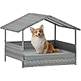 Lyromix Wicker Dog House with Canopy, 32" Outdoor Elevated Rattan Dog Bed with Water-Resistant Soft Cushion, Large Outside Raised Dog Shelter for Small, Medium Dogs, Gray