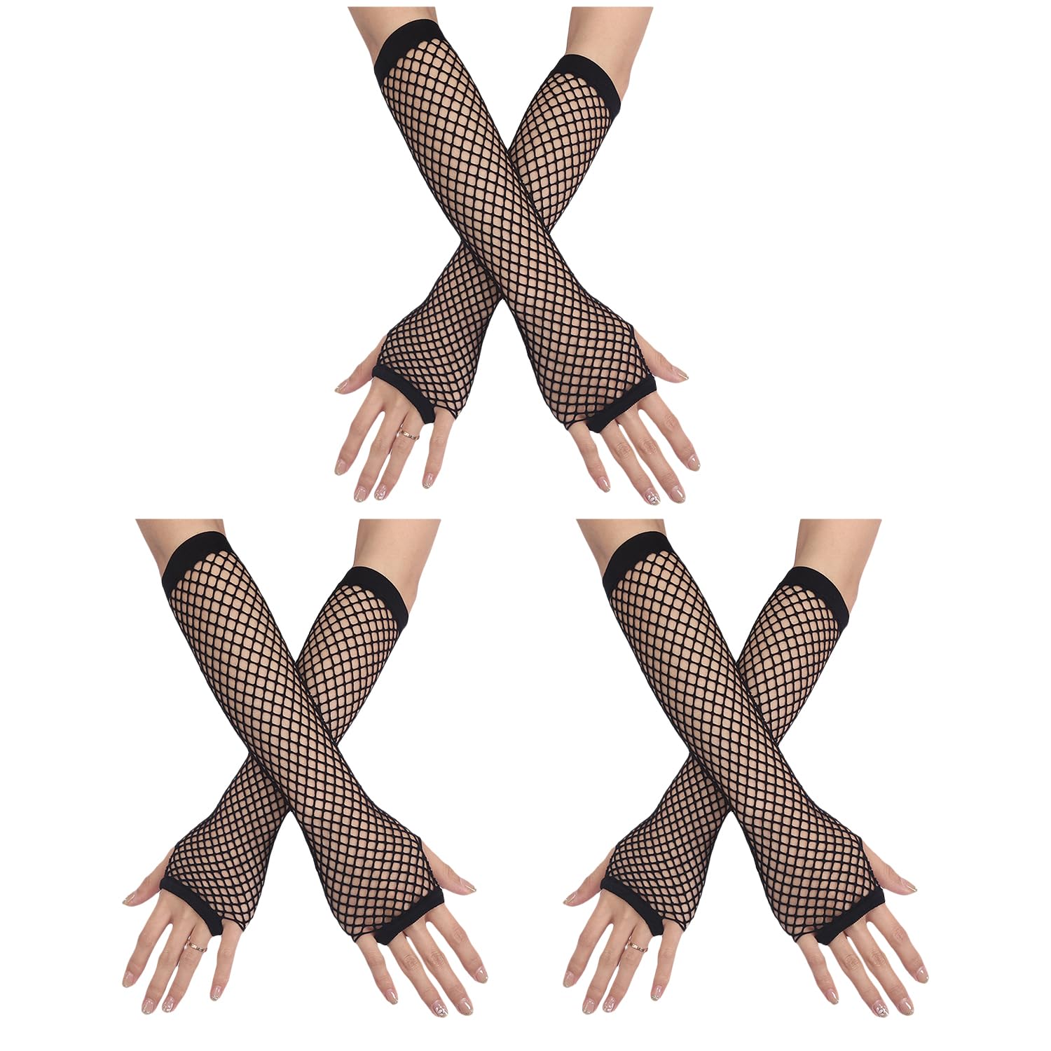 HAICN 3Pairs Fishnet Gloves Black Mesh Gloves Fingerless Halloween Dance Theme Party Costume Accessory for Women Girls