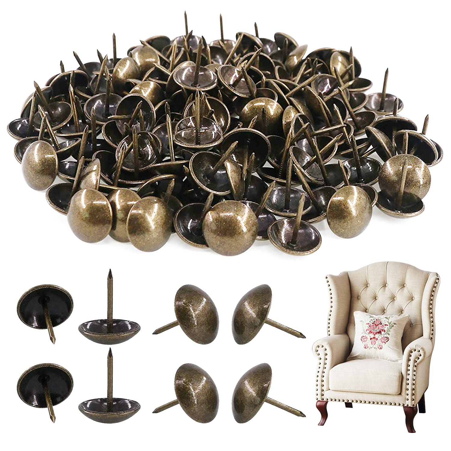 Rustark Antique Upholstery Decorative Tacks Furniture Sofa Thumb Tacks Nails Pins Assortment Kit for Upholstered Furniture Cork Board (19mm x 21mm)