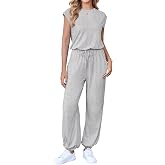 Ekouaer Womens Jumpsuit Casual One Piece Summer Vacation Outfit with Pocket | Jogger Romper,Crew Neck,Cap Sleeves,High Waiste