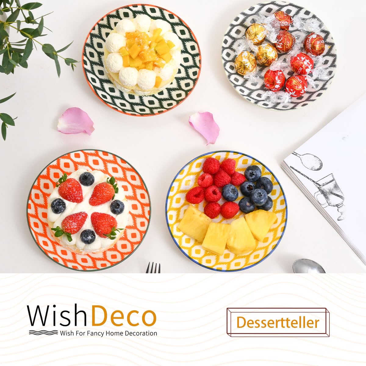 WishDeco Kuchenteller 6er Set, Kleine Dessertteller 15cm, Porzellan Salatteller, Bunte Frühstücksteller, Mini Speiseteller für Pasta, Obst, Brot 2