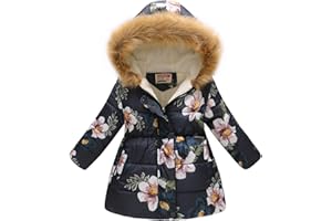 UWBACK Winter Coats For Girls Hooded Waterproof Floral Printed Kids Toddler Warm Snow Jacket