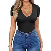 HOTOUCH Deep V Neck Tops for Women Sexy Low Cut Summer Ribbed Knit T Shirts Slim Fit Stretchy Basic Fashion Tee