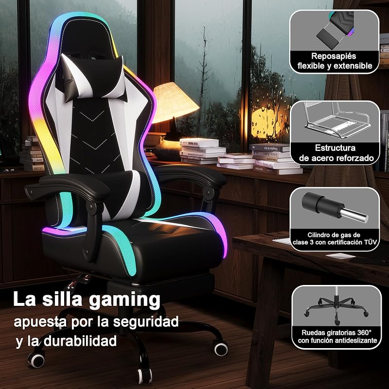 Silla de Gaming con LED, Cool Racing Gamer, Silla ergonómica de Oficina con función de Masaje, Respaldo Ajustable de 90 a 135°, con reposapiés telescópico, Silla de Gaming de 150 kg, Blanco — foto 8 de 8