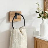 SUNTECH Farmhouse Towel Ring, Rustic Towel Holder Wall Mounted, Wooden Base | Solid Wood &amp; Black Stainless Steel, 180&deg; Rotation, Bathroom Towel Organizer, Country Decor
