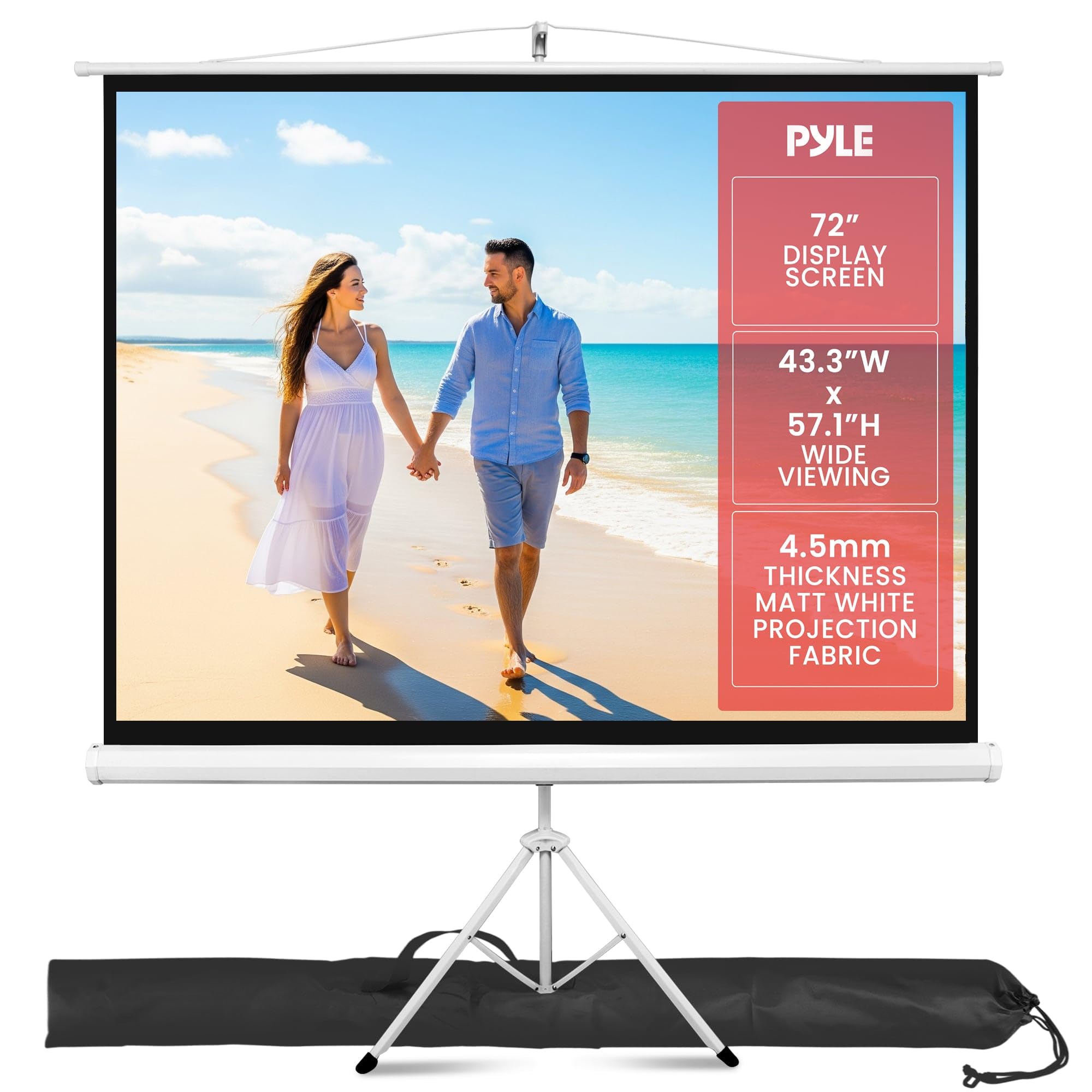 Photo 1 of Pyle 72 Inch Outdoor Projector Screen with Stand-Portable Fold Out Roll Up Screen with Tripod Stand,White Matte Fabric 4:3 Aspect Ratio 4K HD Quality Black Masking Border,Ideal for Home and Office Use