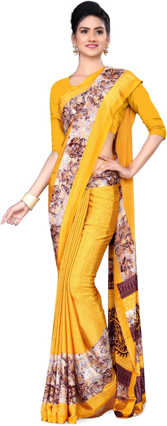 Uniform Sarees Corp Women's Polyester Crepe Silk Saree with Blouse Piece (D.No-492/2019, Yellow)