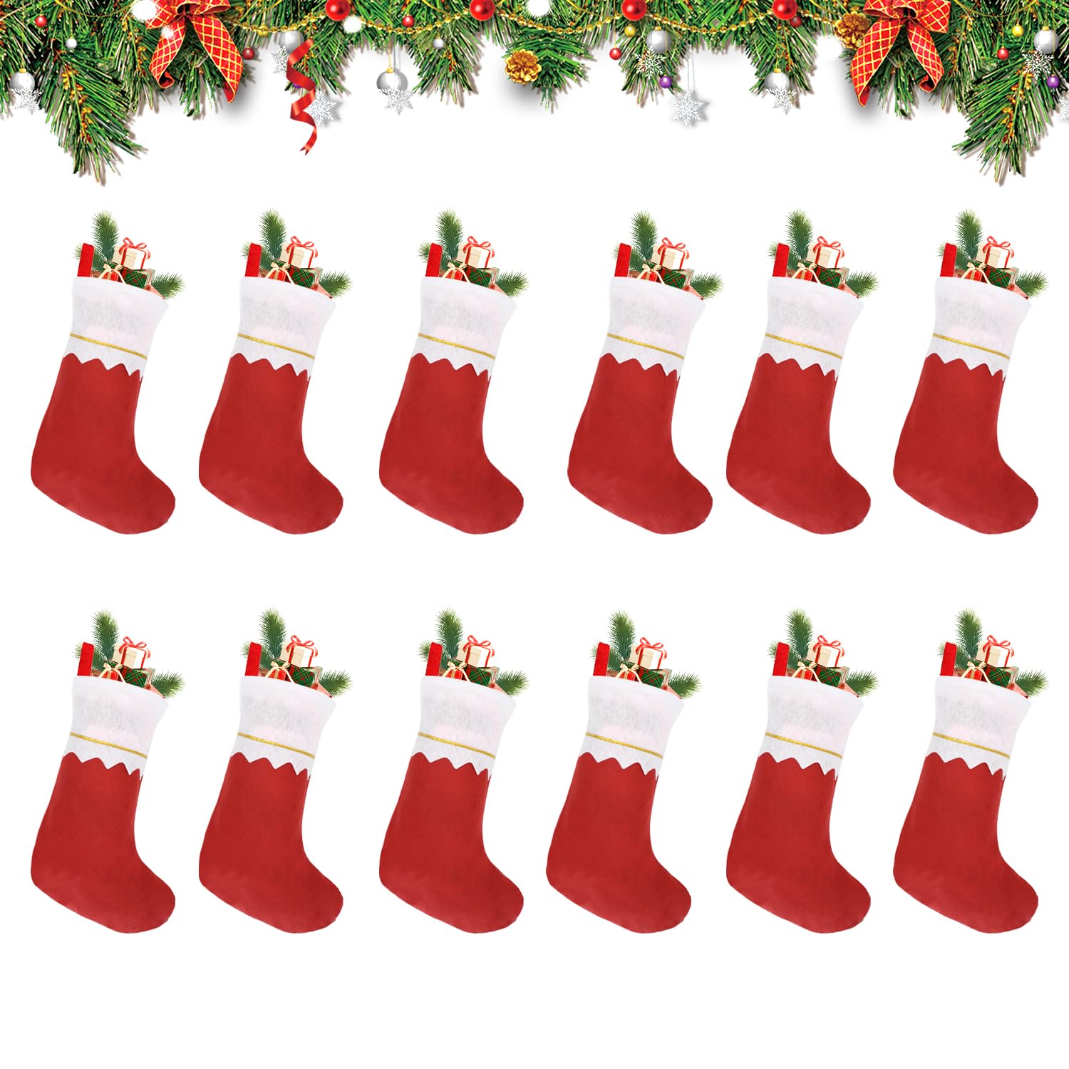 CHEERYMAGIC Christmas Stockings, 12 Pcs White Red Felt Christmas Stocking for Christmas Tree Ornament Xmas Fireplace Hanging Stockings Gift Holding Set for Holiday Party Xmas Decorations A7JBHW