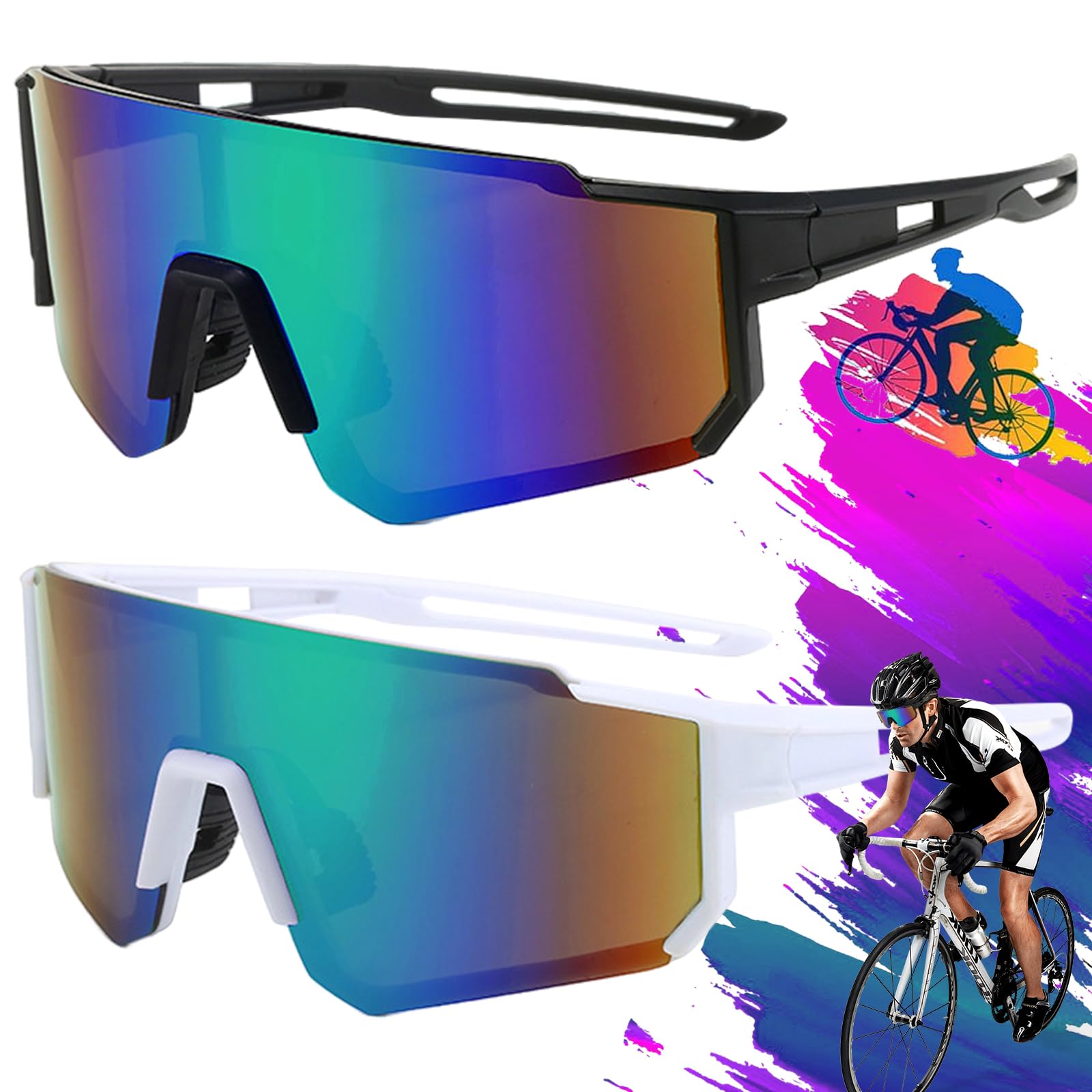 2 Pieces Polarized Cycling Glasses, Cycling Sunglasses, Men's Cycling Glasses, Sports Glasses, Anti-UV Cycling Racing Bike Glasses, for Men Women