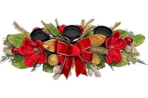 Lnymura Christmas Candle Holder Xmas Decorations 3 Candle Holders with Magnolia Flowers Glitter Ball Ornaments Pine Needles Red Bow for Table Centerpiece Holiday Decor Xmas Decorations