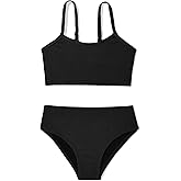 Zando 2 Piece Ribbed Swimsuits for Teen Girls Kids Size 6-15 Years High Waisted Solid Cute Bikini for Summer Beach Wear