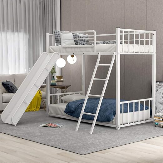 white metal loft bed with slide