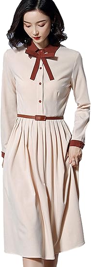Amazon Keimi ケイミ レディース ワンピース ロング丈 長袖 春秋 長袖 リボン付き ベルト付き きれいめ ドレス 着痩せ フォーマルワンピース 通勤 卒業式 結婚式 お呼ばれ デート お出かけ ワンピース チュニック 通販