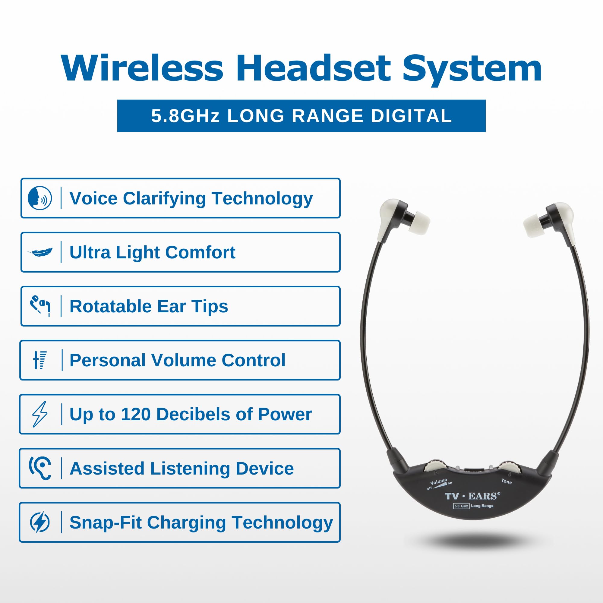 TV · Ears Long Range Digital Wireless Headset System, 5.8 GHz RF Transmitter Headsets for TV, Ideal for Seniors & with Hearing Difficulties, Works with a Wide Range of TV Brands, 1 Pair