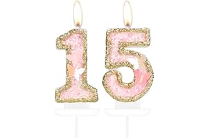 iNINGER Birthday Candle,Butterfly 15th Birthday Party Decorations for Women/Girl,Gold Pink Birthday Number 15 Candle,2.75" Large Glitter Birthday Candles Wedding Cake Topper Anniversary Party Decor