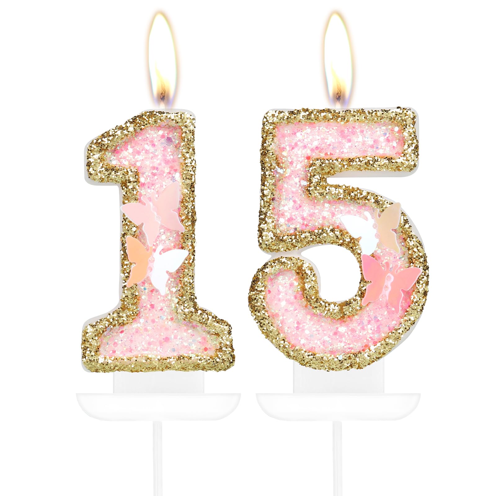 Pink Gold Butterfly 15th Birthday Candles, Pink Gold Candles Cake Toppers for Cake, Girls 15th Birthday Decorations,Butterfly Number 15 Candle Cake Topper for Girls Birthday Party,Wedding Suppiles