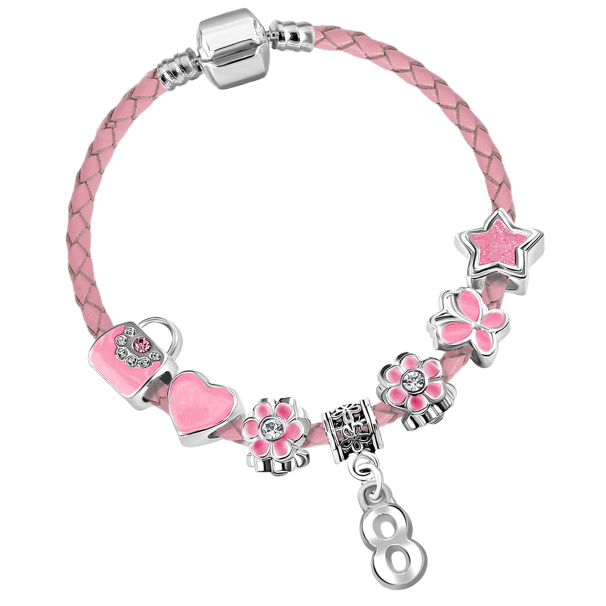 Girls 8th Birthday Handbags and Butterflies Pink Leather Charm Bracelet with Gift Box for Girls 8th Birthday Gifts for Girls Age 8 Birthday Jewellery for Girls Kids Jewelry