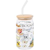 Silver Buffalo Harry Potter Gryffindor Hedwig, Glass Tumbler, 16oz | Hogwarts, Platform 9 3/4, Includes Bamboo Lid and Straw, Jar, 0.47 Liters