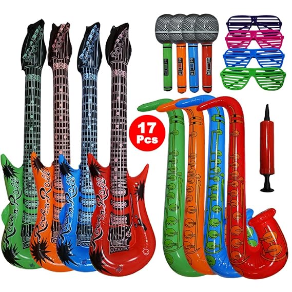 17 stück große größe buntes aufblasbare instrumente spielzeug,enthält: 4x aufblasbare gitarre(93cm),4×aufblasbares saxophon (