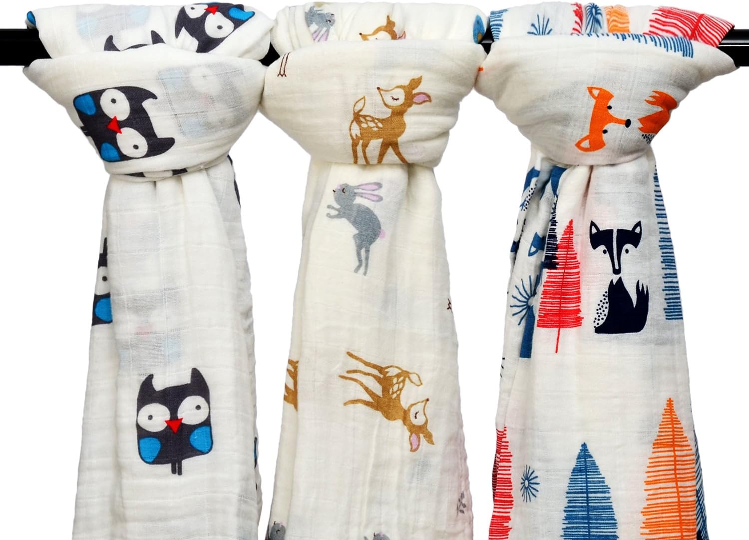 Qav Juh 3 Pack Muslin Baby Swaddle Wrap Blankets, 120x120cm Cotton Muslin Receiving Blanket for Unisex Shower Gift (Owl & Deer & Fox)