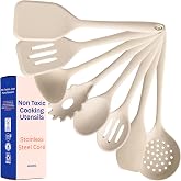 NonToxic Platinum Silicone Utensils, 100% Plastic-Free, 8-Pcs, Beige | LFGB-certified platinum silicone. Solid steel core, no hidden plastics. 500&deg;F heat resistant. Non-scratch. Dishwasher safe