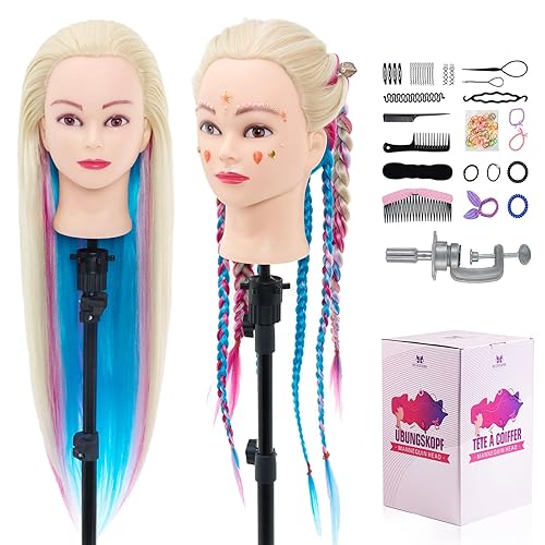 Neverland Beauty Training Head - 26-28" Rainbow 100% Synthetic Fiber Long Hair Hairdressing Cosmetology Mannequin Manikin Dolls Head for Stying Practicing with Table Clamp Braiding Set