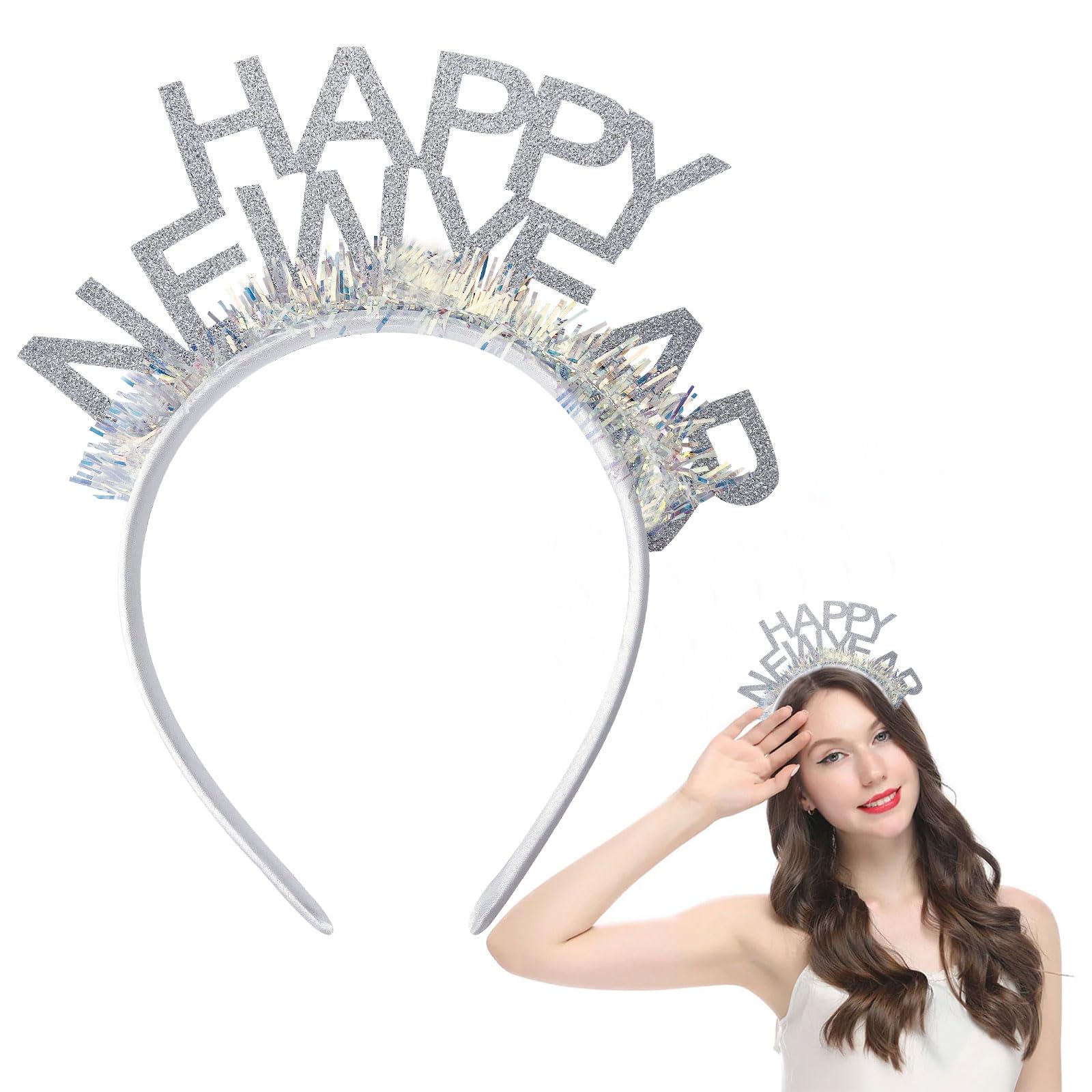 iwiio Happy New Year Headband, New Year Hair Accessories, New Years Eve Party Supplies 2026, Glitter Sparklers Fireworks Headband New Years Accessories for Christmas Party (Silver, 1)