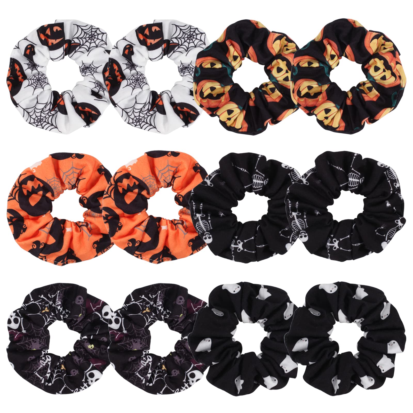 Photo 1 of 12PCS Halloween Hair Scrunchies Soft Fall Pumpkin Skull Ghosts Bat Spider Web Hair Ties Scrunchy Elastics Hair Bands Gifts Ponytail Holder Accessories for Women Girls (12PCS-Halloween)