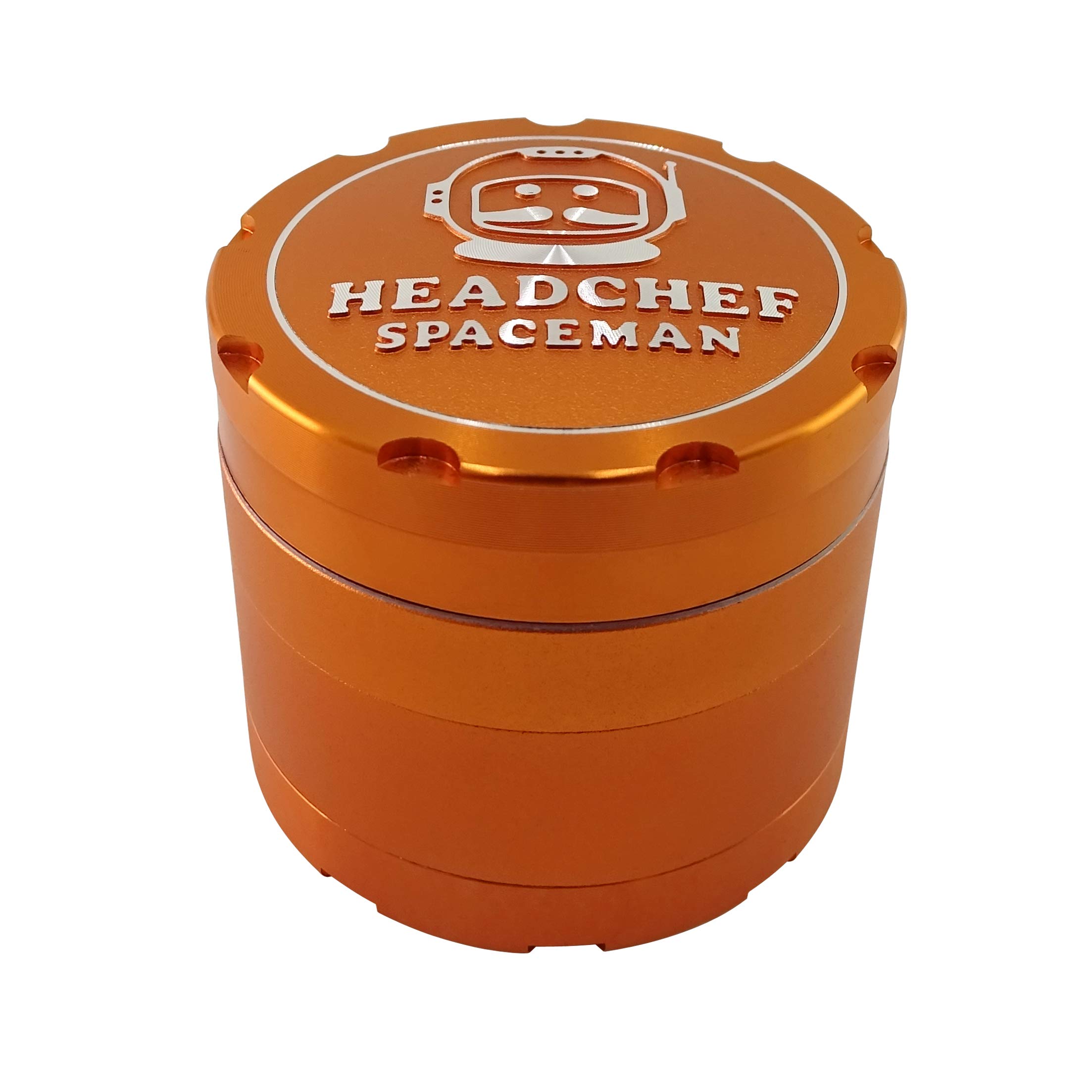 Headchef Spaceman Metal Herb Grinder with Laser Beam Cut, Ultra Sharp Teeth and Sifter Scraper, Version 2 – 4 Piece Grinder, 55mm (Sun Flare Orange)