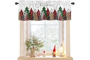 VANDARLLIN Merry Christmas Valance Curtains for Kitchen Windows Buffalo Plaid Xmas Tree Winter Forest Farmhouse Rod Pocket Window Treatment Toppers for Kitchen/Living Room/Bedroom/Bathroom, 54" X 18",Red Green