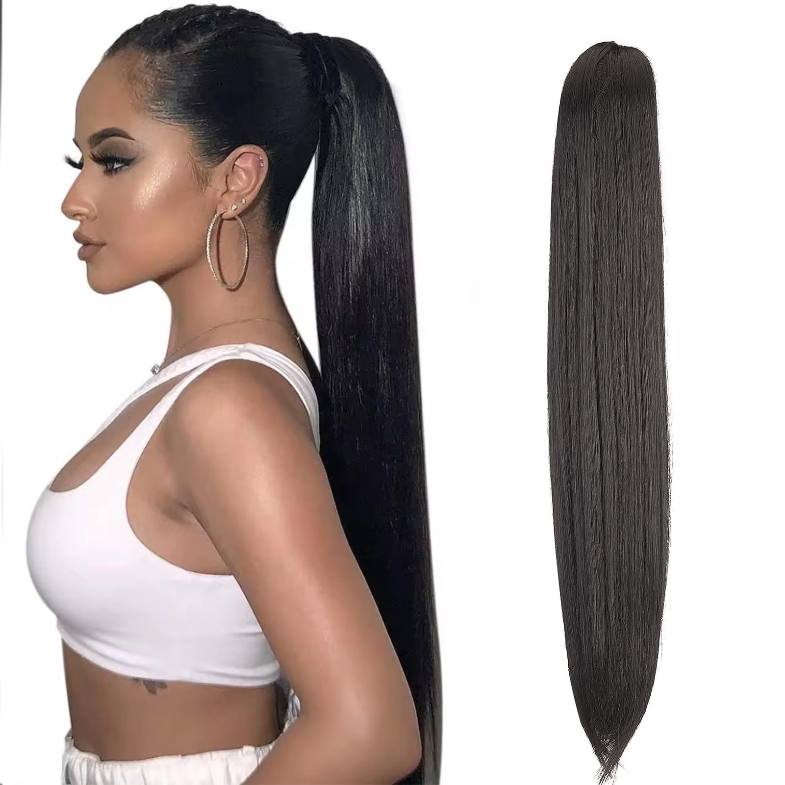 Cybelleza 20inch Ponytail Hair Extensions Straight Ponytail Claw Jaw on Long Straight Pony Tails Clip in Hair Extensions Synthetic Hair pieces for Women, Black