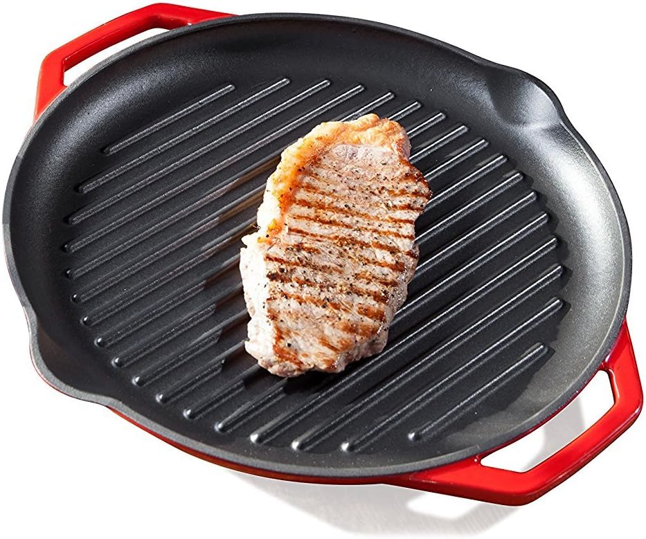Blues Poon – Vorgebrannt Griddle Grill Pan Cast Iron Suitable for Induction Diameter 32 cm Factory – For Perfect Cooking Results | Enamelled Exterior, red, 30 cm Ø
